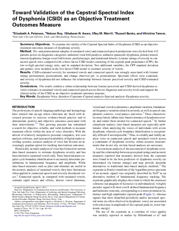 (PDF) Toward Validation of the Cepstral Spectral Index of Dysphonia ...