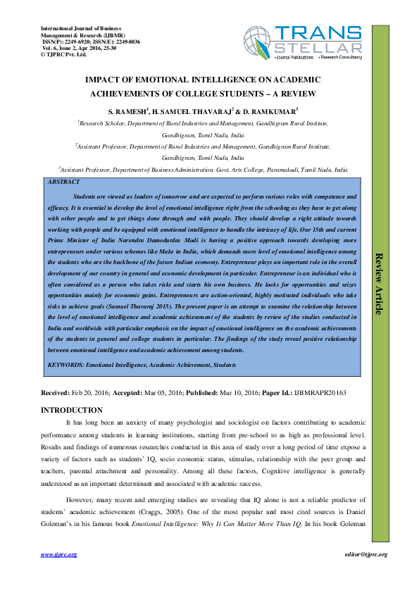 IMPACT OF EMOTIONAL INTELLIGENCE ON ACADEMIC ACHIEVEMENTS OF COLLEGE ...