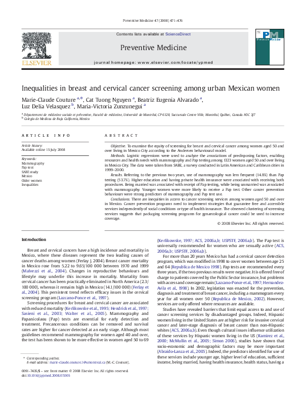 (PDF) Inequalities in breast and cervical cancer screening among urban ...