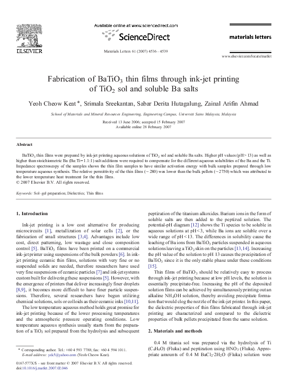(PDF) Fabrication of BaTiO3 thin films through ink-jet printing of TiO2 ...