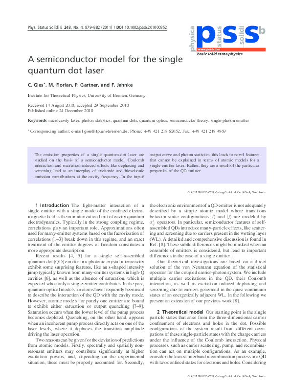 (PDF) A semiconductor model for the single quantum dot laser