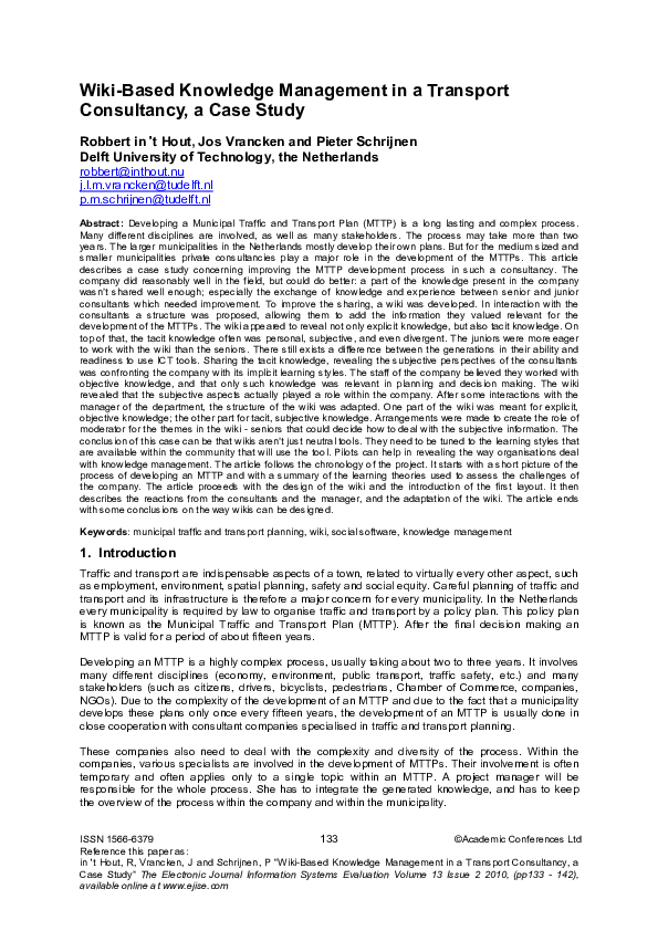 (PDF) Wiki-Based Knowledge Management in a Transport Consultancy, a ...
