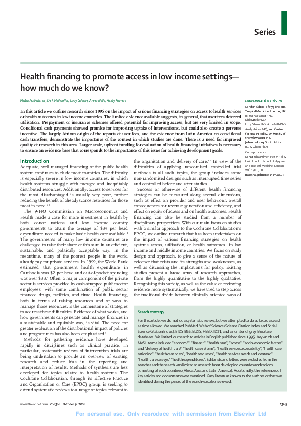 (PDF) Health financing to promote access in low income settings--how ...