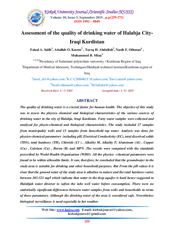 (PDF) Assessment of the quality of drinking water of Halabja City ...