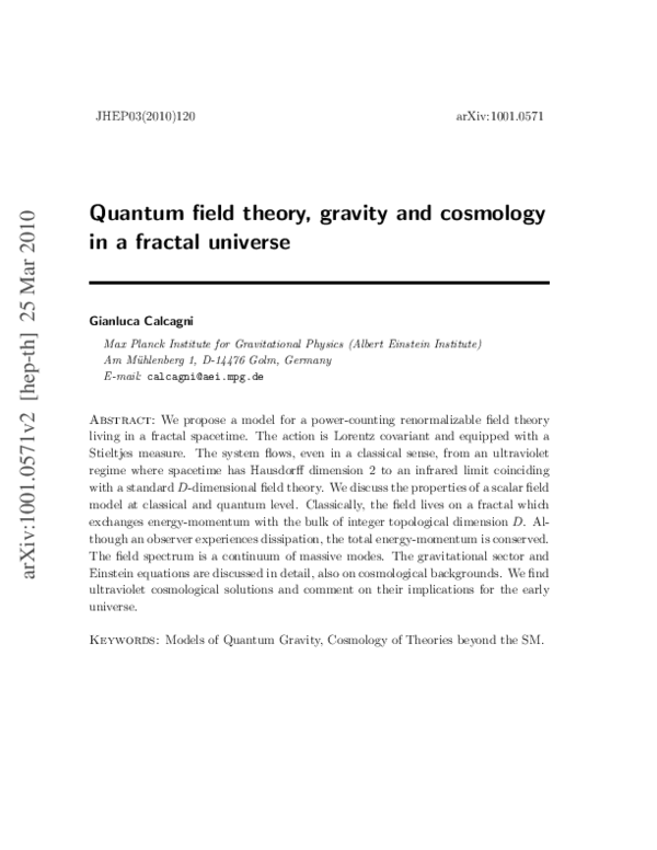 (PDF) Quantum field theory, gravity and cosmology in a fractal universe