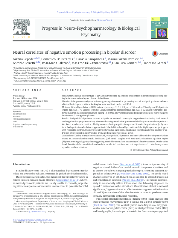 (PDF) Neural correlates of negative emotion processing in bipolar disorder