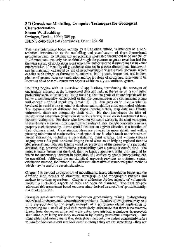 (PDF) 3D geoscience modelling. Computer techniques for geological ...