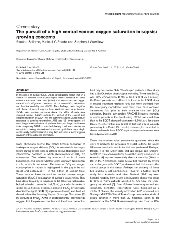(PDF) The pursuit of a high central venous oxygen saturation in sepsis ...