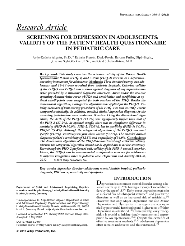 (PDF) SCREENING FOR DEPRESSION IN ADOLESCENTS VALIDITY OF THE PATIENT
