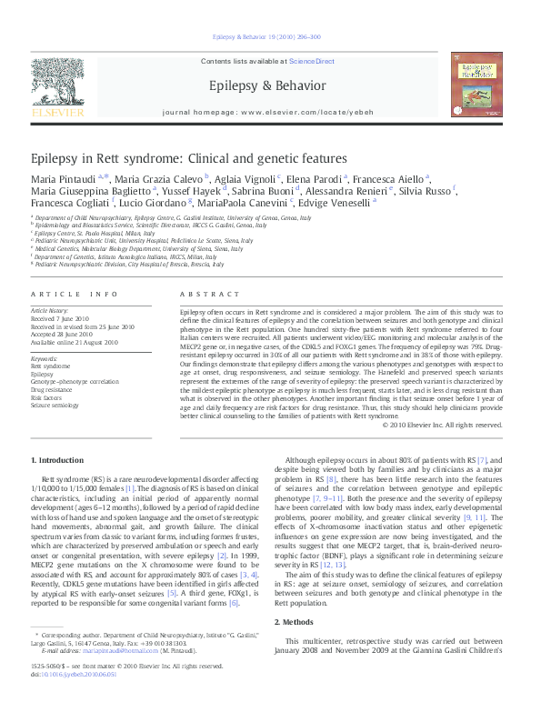 (PDF) Epilepsy in Rett syndrome: Clinical and genetic features