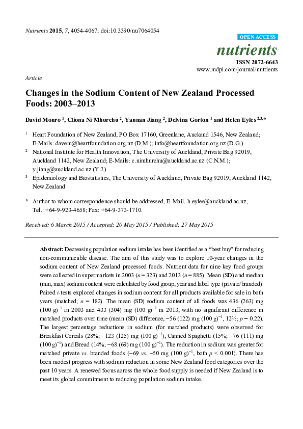 (PDF) Changes in the Sodium Content of New Zealand Processed Foods ...