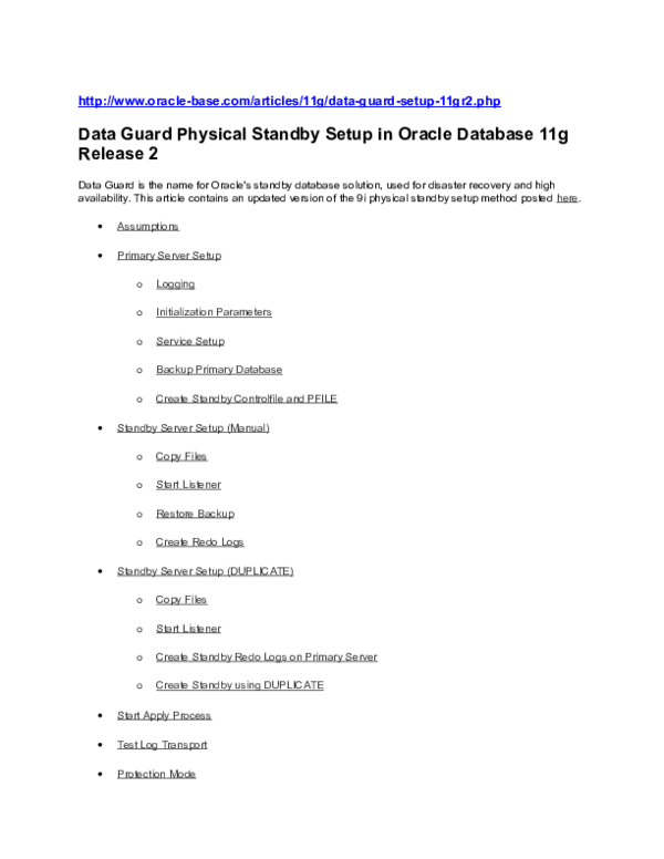 (DOC) Data Guard Physical Standby Setup 11gR