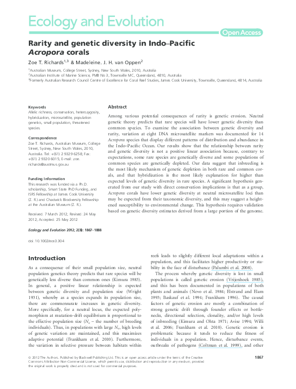 (PDF) Rarity and genetic diversity in Indo-Pacific Acropora corals