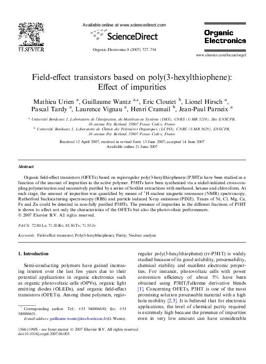(PDF) Fieldeffect transistors based on poly(3hexylthiophene) Effect