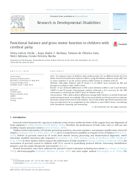 (PDF) Functional balance and gross motor function in children with ...
