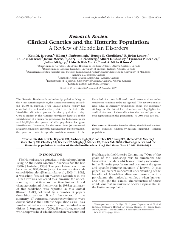 (PDF) Clinical genetics and the Hutterite population: A review of ...