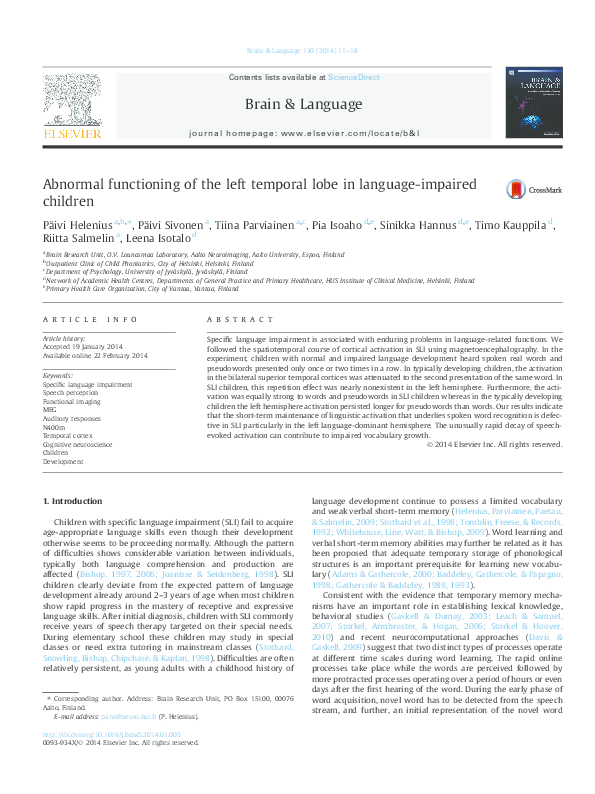 (PDF) Abnormal functioning of the left temporal lobe in language ...