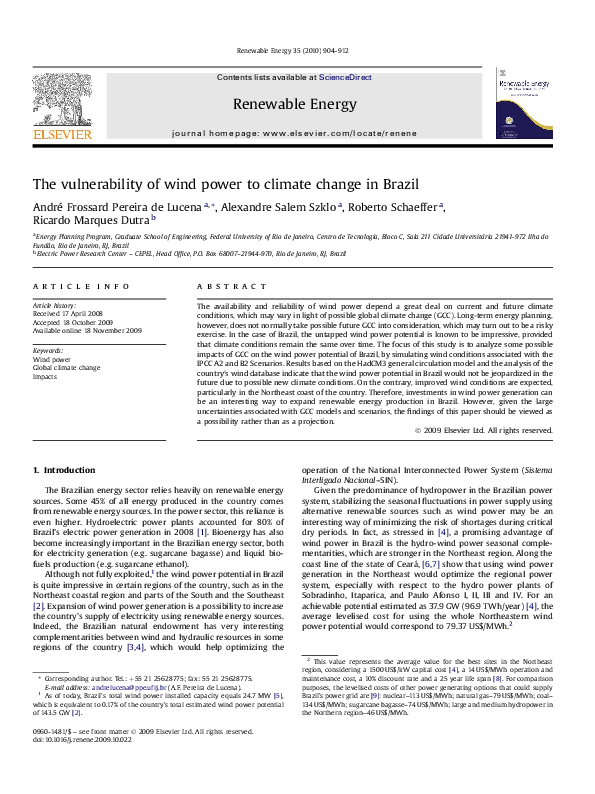 (PDF) The vulnerability of wind power to climate change in Brazil