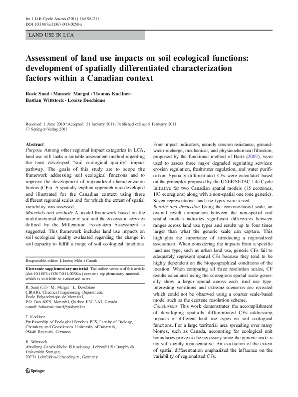 (PDF) Assessment of land use impacts on soil ecological functions ...