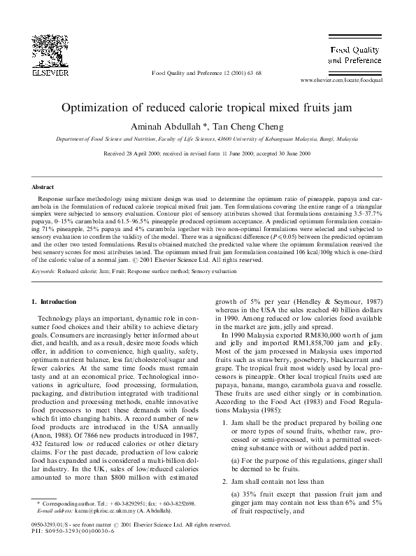 (PDF) Optimization of reduced calorie tropical mixed fruits jam