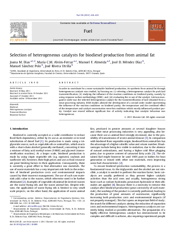 (PDF) Selection of heterogeneous catalysts for biodiesel production ...