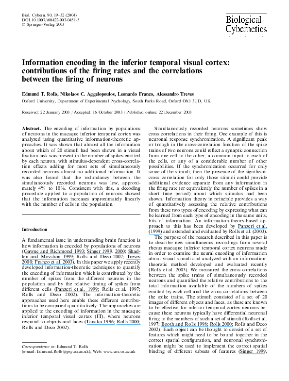 (PDF) Information encoding in the inferior temporal visual cortex ...