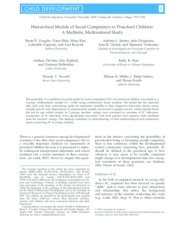 (PDF) Hierarchical Models of Social Competence in Preschool Children: A ...