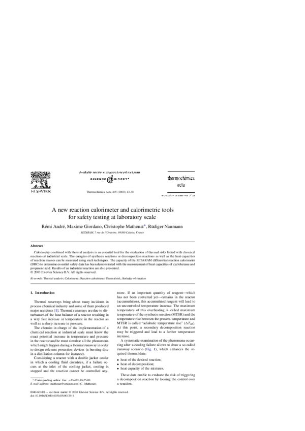 (PDF) A new reaction calorimeter and calorimetric tools for safety