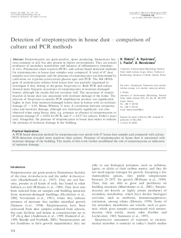 (PDF) Detection of streptomycetes in house dust - comparison of culture ...