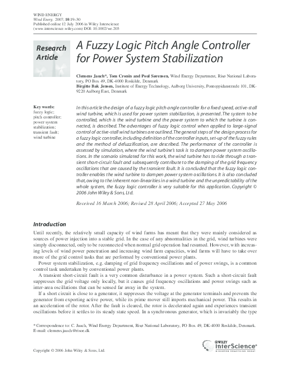 (PDF) A fuzzy logic pitch angle controller for power system stabilization