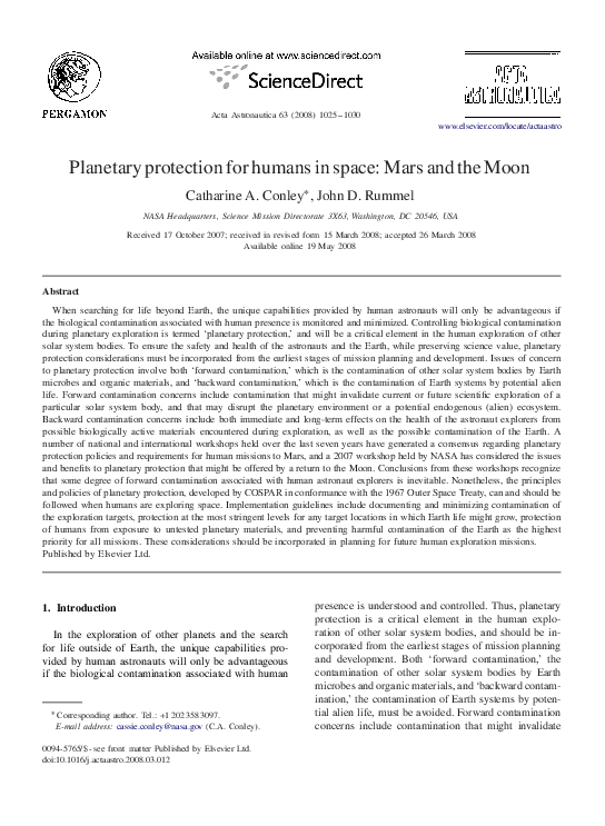 (PDF) Planetary protection for humans in space: Mars and the Moon