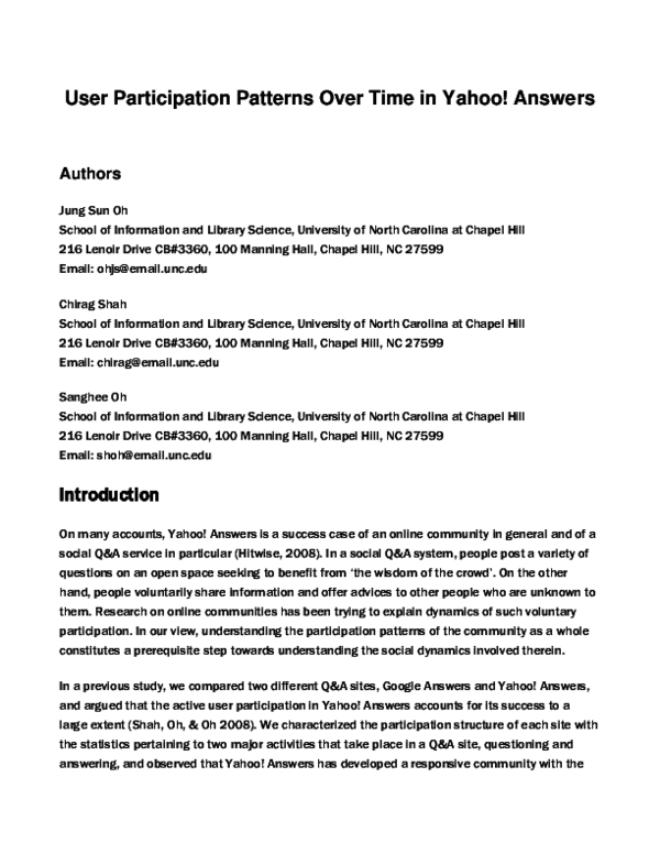 (PDF) User participation patterns over time in Yahoo! Answers