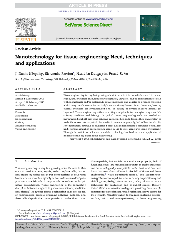 (PDF) Nanotechnology for tissue engineering: Need, techniques and ...