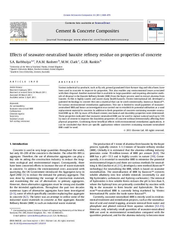 (PDF) Effects of seawaterneutralised bauxite refinery residue on properties of concrete