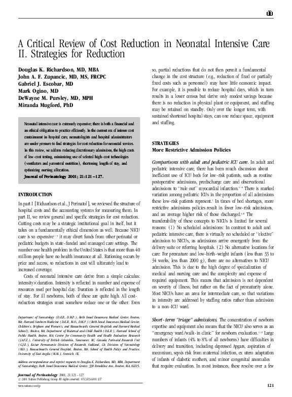 Pdf A Critical Review Of Cost Reduction In Neonatal Intensive Care Ii Strategies For Reduction Dewayne Pursley Academia Edu