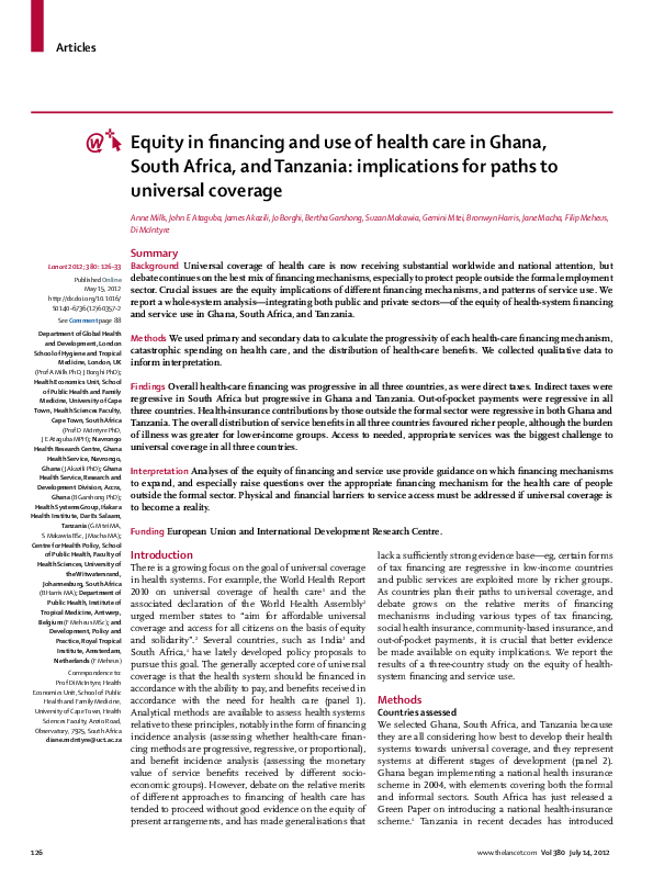 (PDF) Equity in financing and use of health care in Ghana, South Africa ...