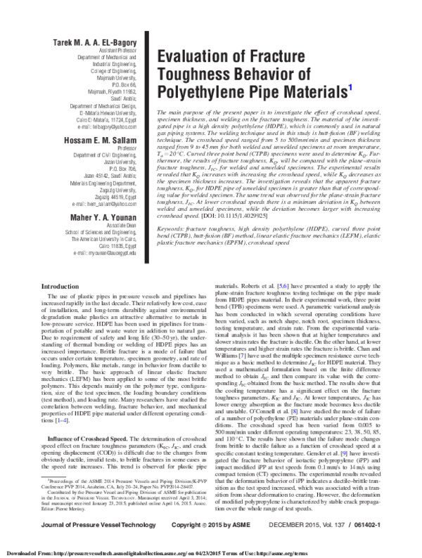 (PDF) Evaluation of Fracture Toughness Behavior of Polyethylene Pipe ...