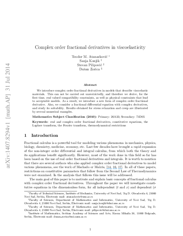 (PDF) Complex order fractional derivatives in viscoelasticity