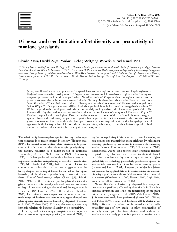 (PDF) Dispersal and seed limitation affect diversity and productivity ...