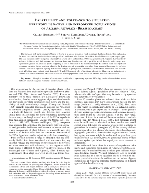 (PDF) Palatability and tolerance to simulated herbivory in native and ...