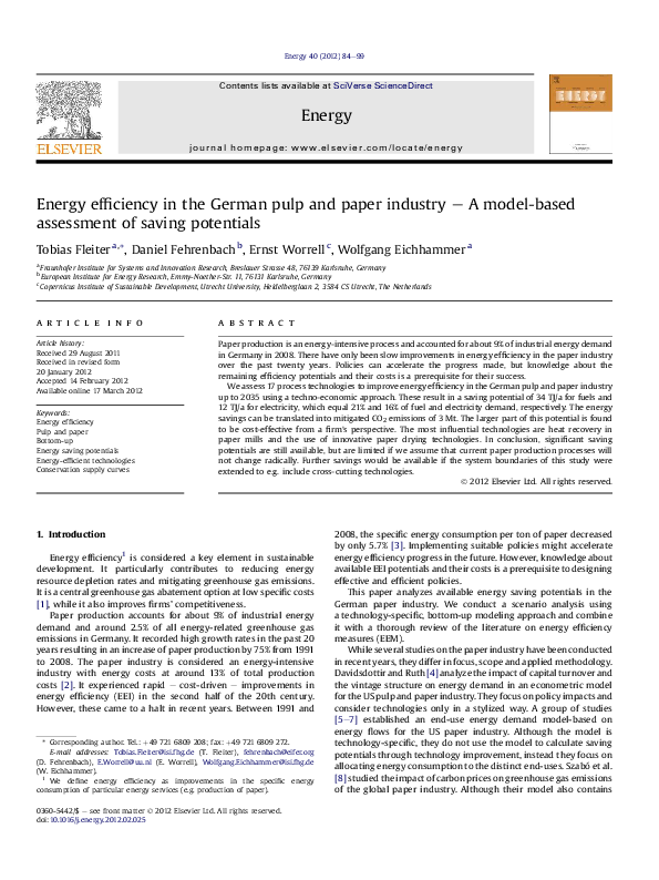 (PDF) Energy efficiency in the German pulp and paper industry – A model ...