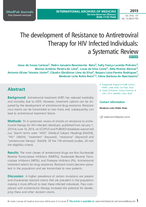 (PDF) The development of Resistance to Antiretroviral Therapy for HIV ...
