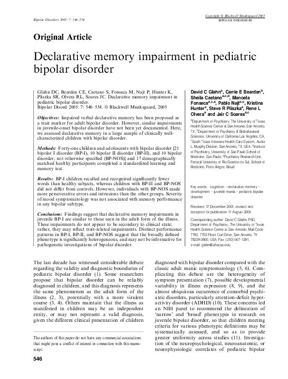 (PDF) Declarative memory impairment in pediatric bipolar disorder