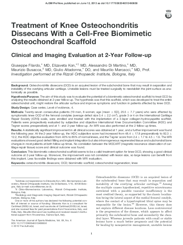 (PDF) Treatment of Knee Osteochondritis Dissecans With a Cell-Free ...