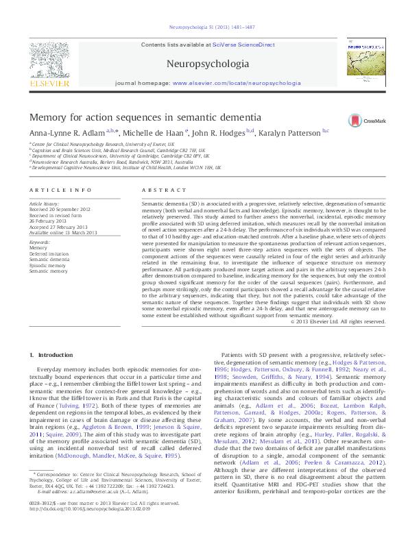 (PDF) Memory for action sequences in semantic dementia