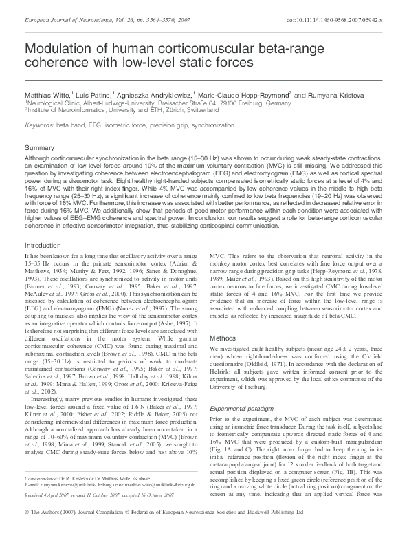 (PDF) Modulation of human corticomuscular beta-range coherence with low ...