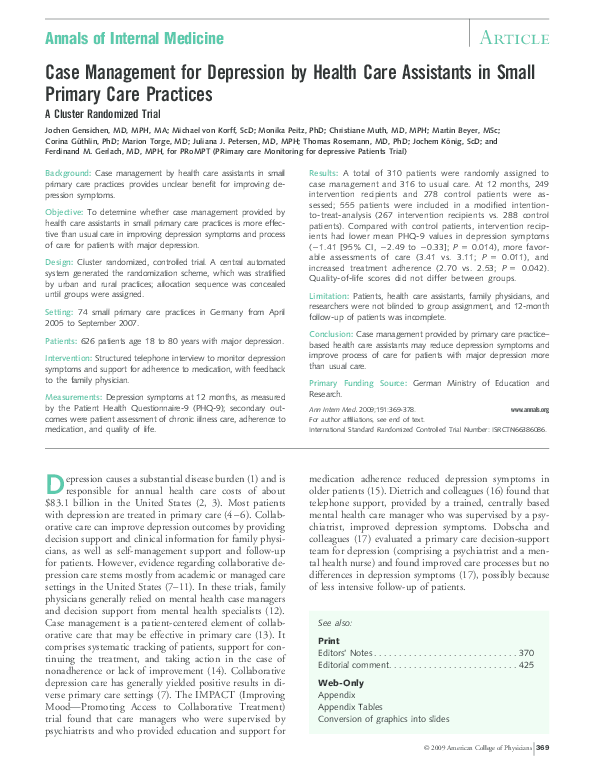 (PDF) Case Management for Depression by Health Care Assistants in Small ...