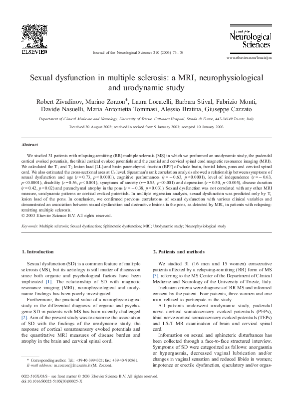 (PDF) Sexual dysfunction in multiple sclerosis: a MRI ...