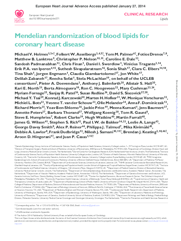 (PDF) Mendelian randomization of blood lipids for coronary heart disease