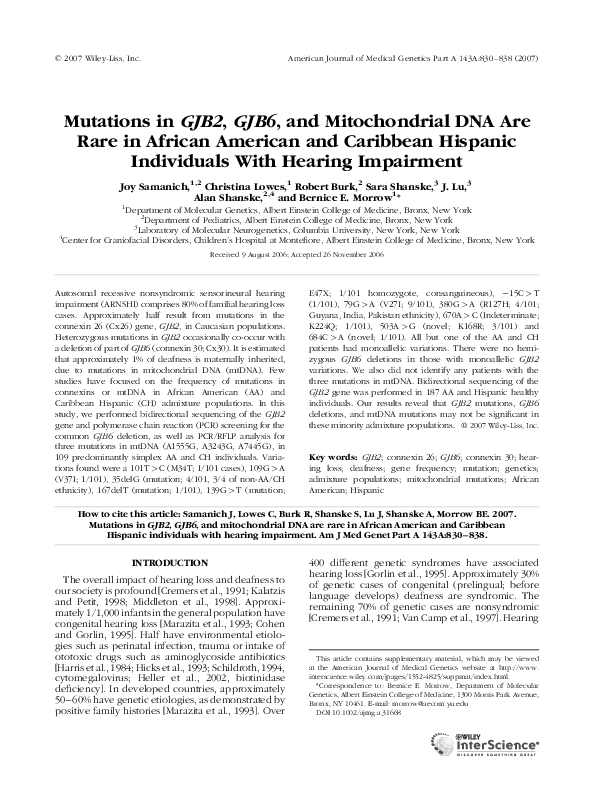 (PDF) Mutations in GJB2 , GJB6 , and mitochondrial DNA are rare in ...
